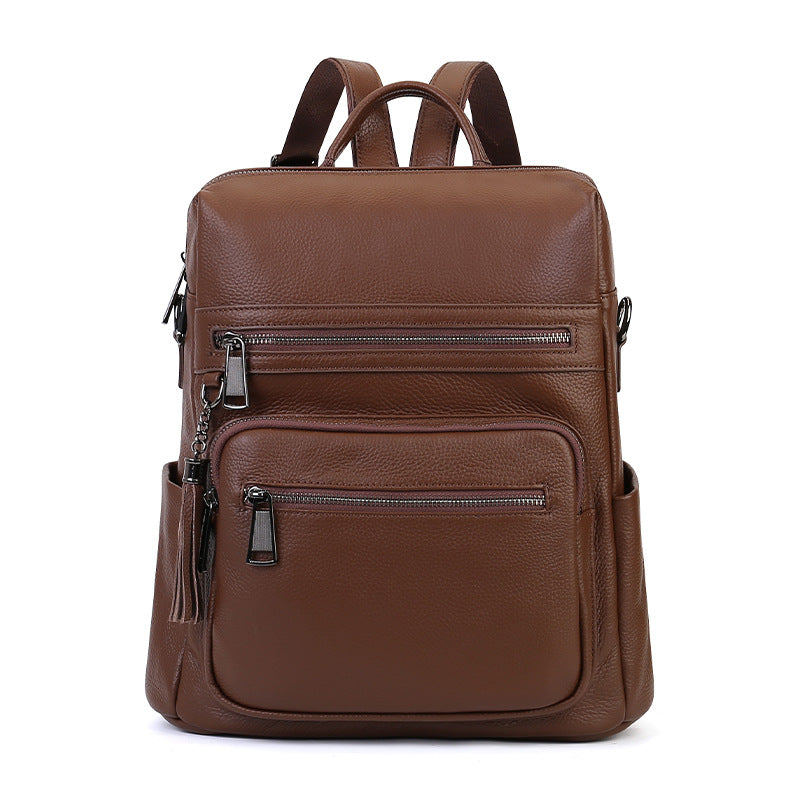 Unisex Vegetable Tanned Leather Laptop Backpack brown front view