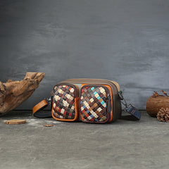 Woven Vegetable Tanned Leather Shoulder Bag gray angled view
