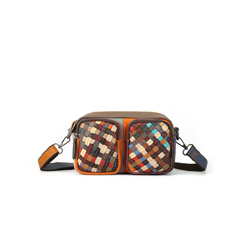 Woven Vegetable Tanned Leather Shoulder Bag gray front view