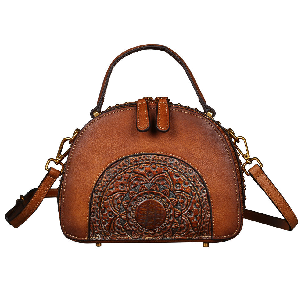 Distressed Vegetable Tanned Leather Crossbody Bag brown front view