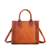 Solid Color Vegetable Tanned Leather Shoulder Bag orange front view