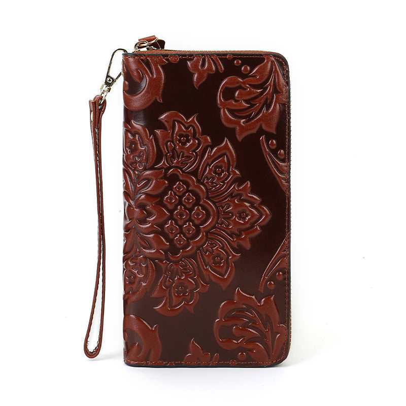 Embossed Vegetable Tanned Leather Coin Purse brown front view
