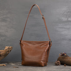 Casual Vegetable Tanned Leather Bucket Bag gray angled view