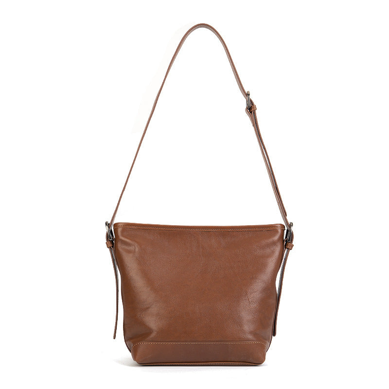 Casual Vegetable Tanned Leather Bucket Bag gray front view