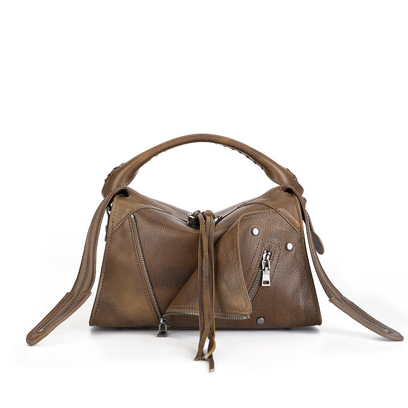 Tassel Vegetable Tanned Leather Crossbody Bag gray front view