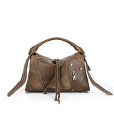 Tassel Vegetable Tanned Leather Crossbody Bag gray front view