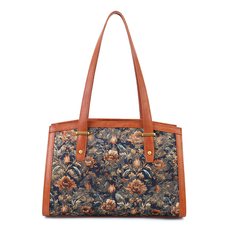 Embroidered Vegetable Tanned Leather Tote Bag gray front view