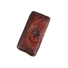 Floral Vegetable Tanned Leather Card Holder brown front view