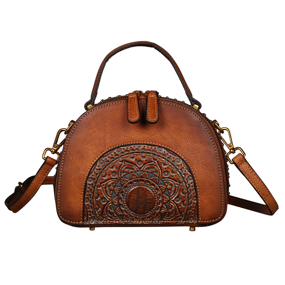 Ethnic Vegetable Tanned Leather Crossbody Bag brown front view