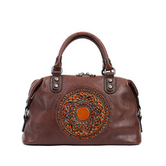 Embossed Vegetable Tanned Leather Tote Bag brown front view