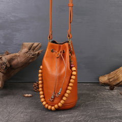 Vintage Vegetable Tanned Leather Bucket Bag gray angled view