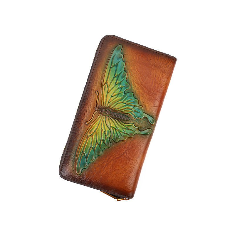 Embossed Vegetable Tanned Leather Card Holder brown front view