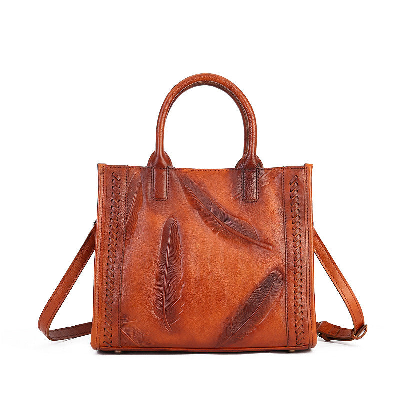 Square Vegetable Tanned Leather Shoulder Bag orange front view