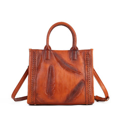 Square Vegetable Tanned Leather Shoulder Bag orange front view