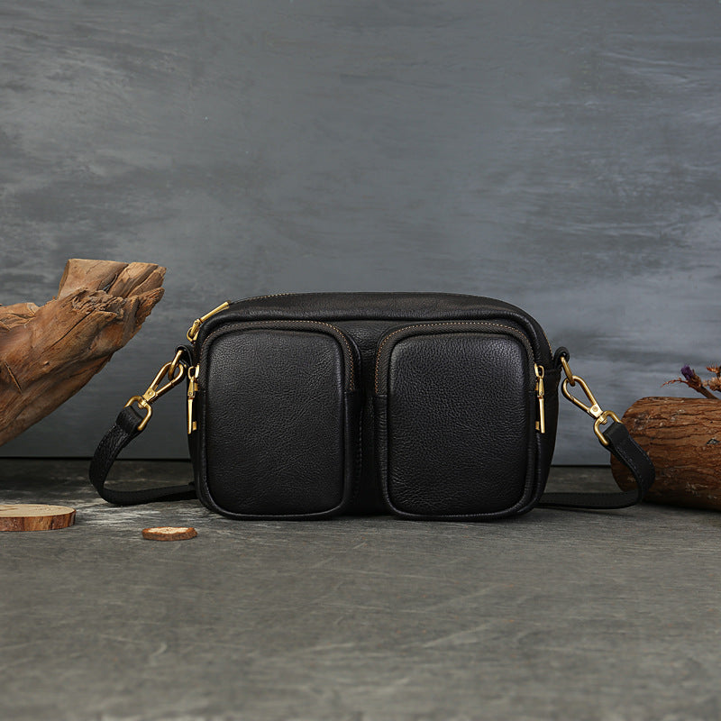 Single Vegetable Tanned Leather Crossbody Bag gray back view