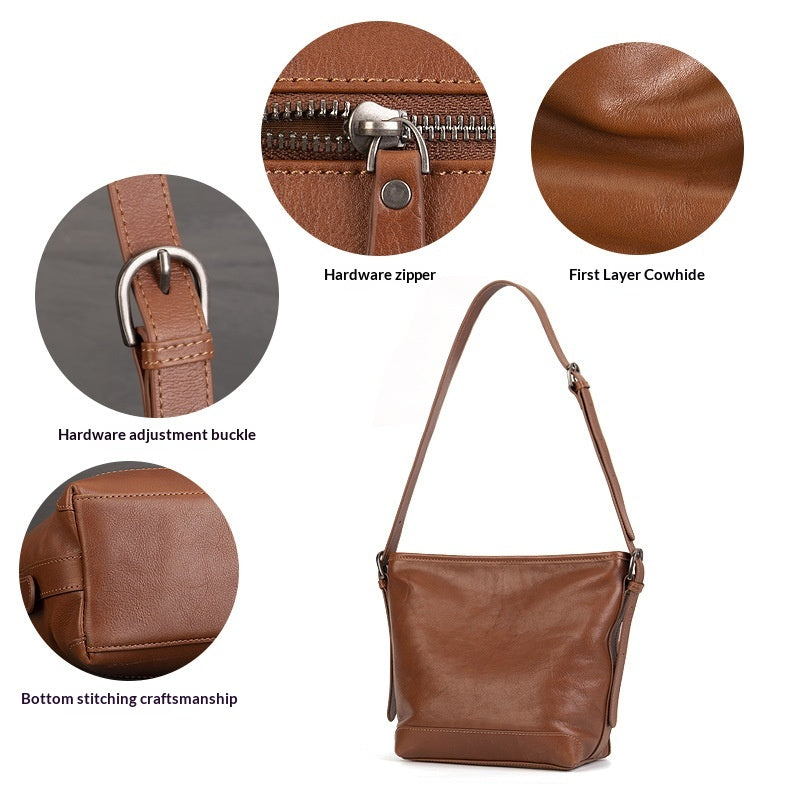 Casual Vegetable Tanned Leather Bucket Bag gray side view