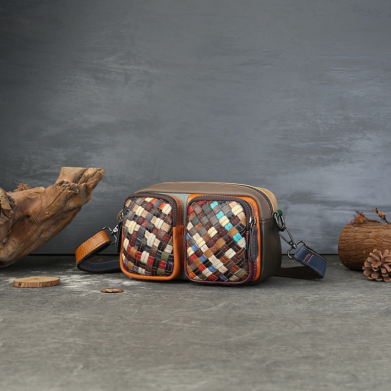 Woven Vegetable Tanned Leather Shoulder Bag gray angled view