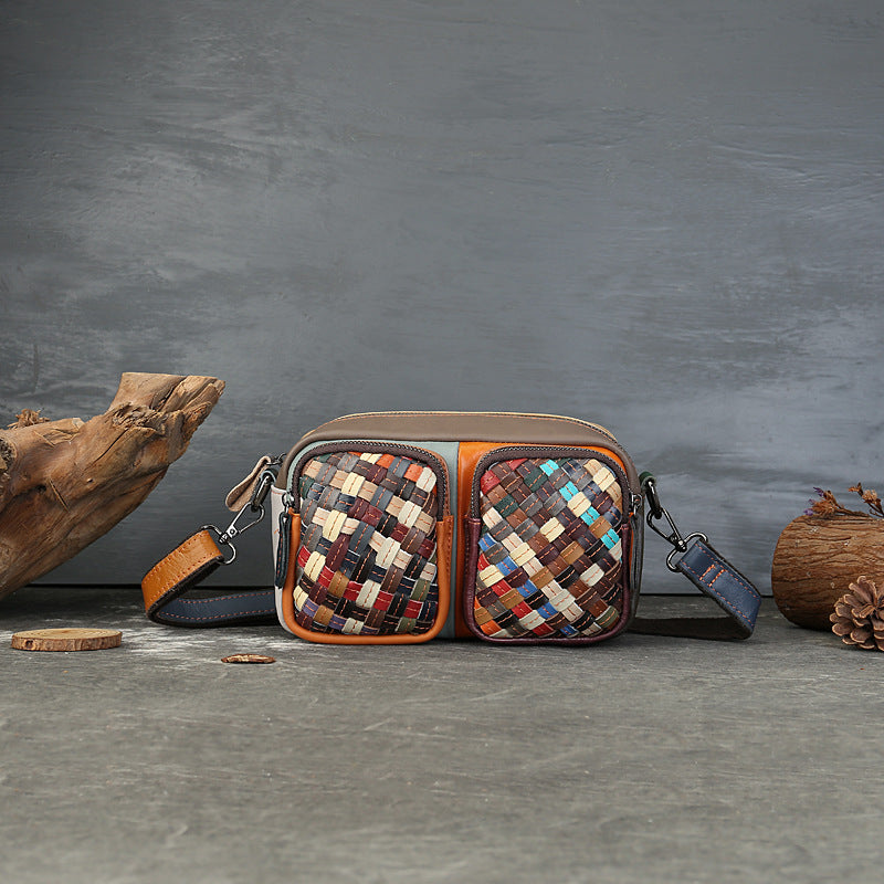 Woven Vegetable Tanned Leather Shoulder Bag gray strap view