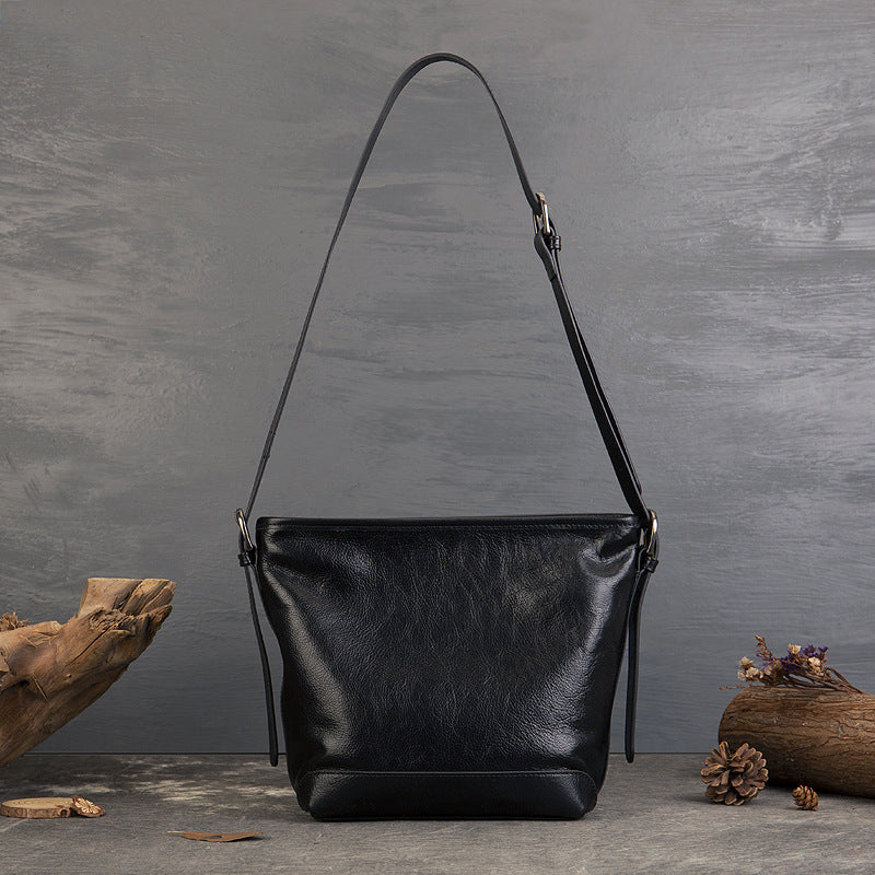 Casual Vegetable Tanned Leather Bucket Bag gray back view