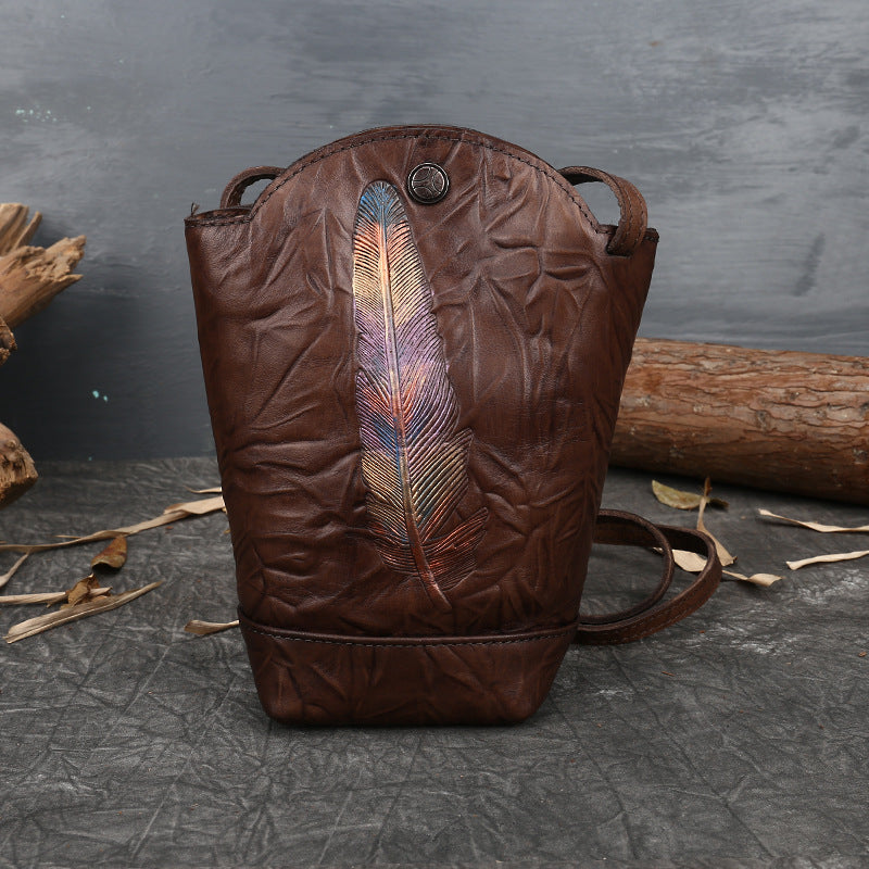 Bucket Vegetable Tanned Leather Crossbody Bag brown interior view