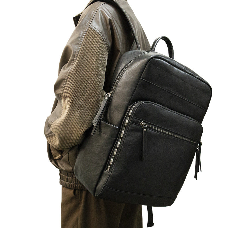 Casual Vegetable Tanned Leather Laptop Backpack brown side view