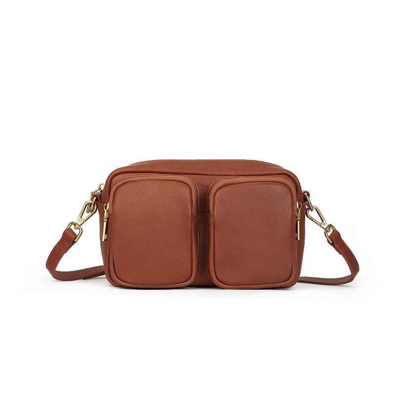 Single Vegetable Tanned Leather Crossbody Bag orange front view