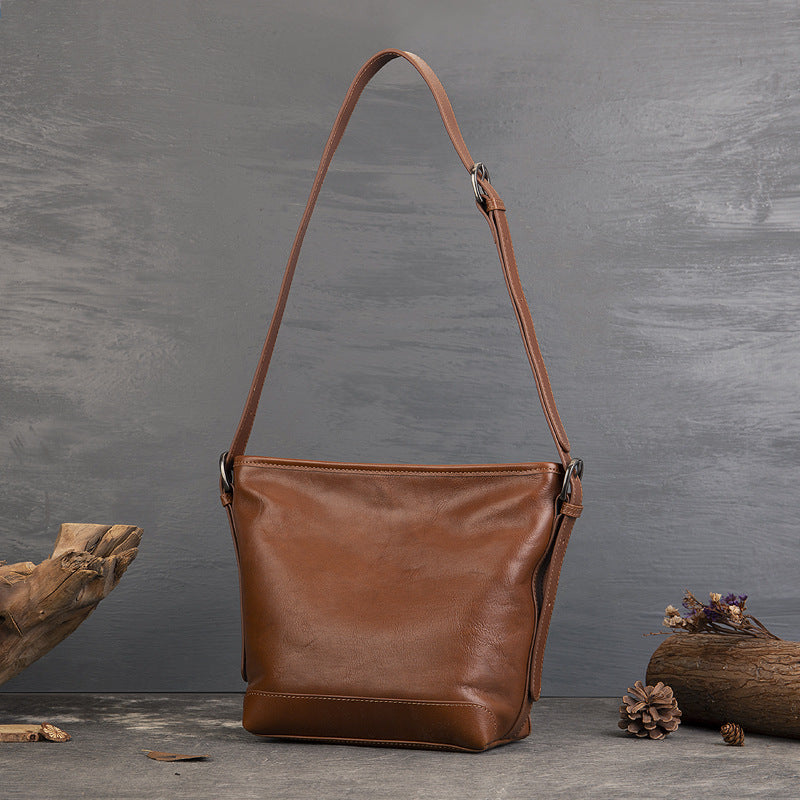 Casual Vegetable Tanned Leather Bucket Bag gray angled view