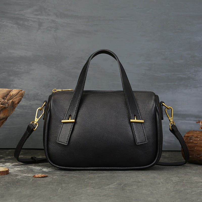 Compact Vegetable Tanned Leather Tote Bag gray back view