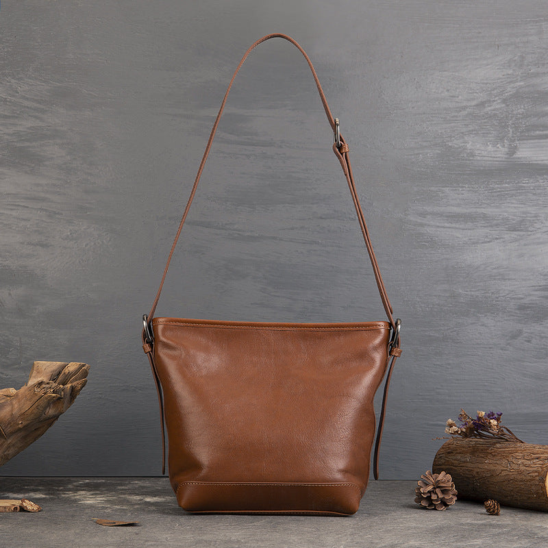 Casual Vegetable Tanned Leather Bucket Bag gray strap view