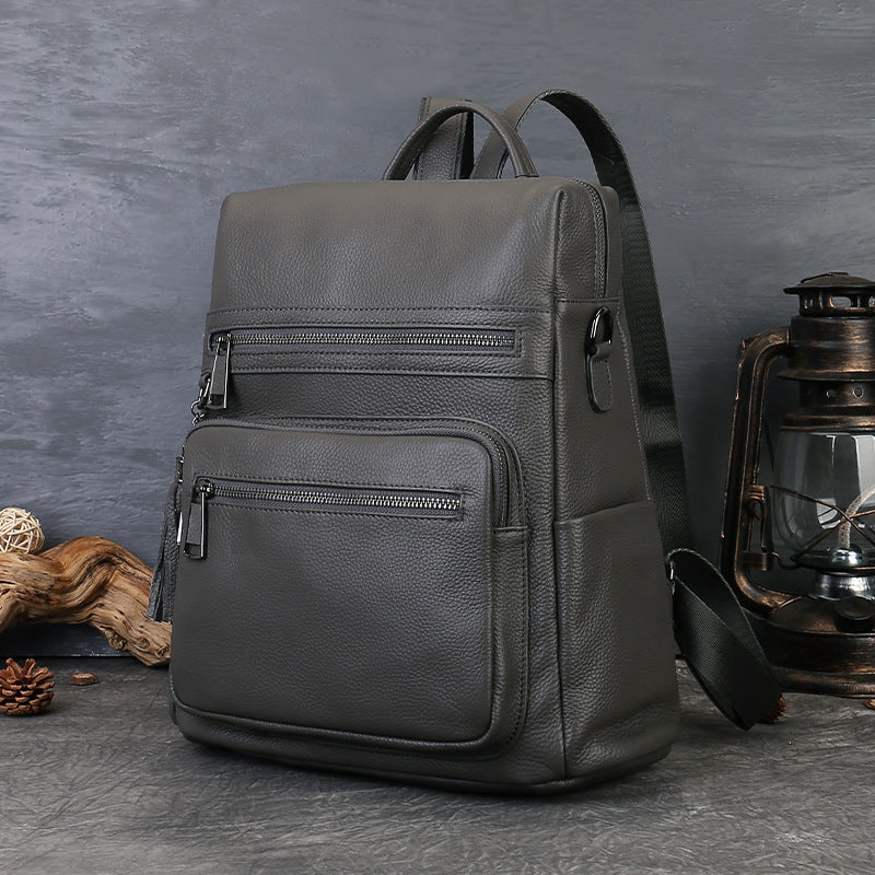 Unisex Vegetable Tanned Leather Laptop Backpack green back view