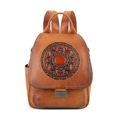 Single Vegetable Tanned Leather Backpack orange front view