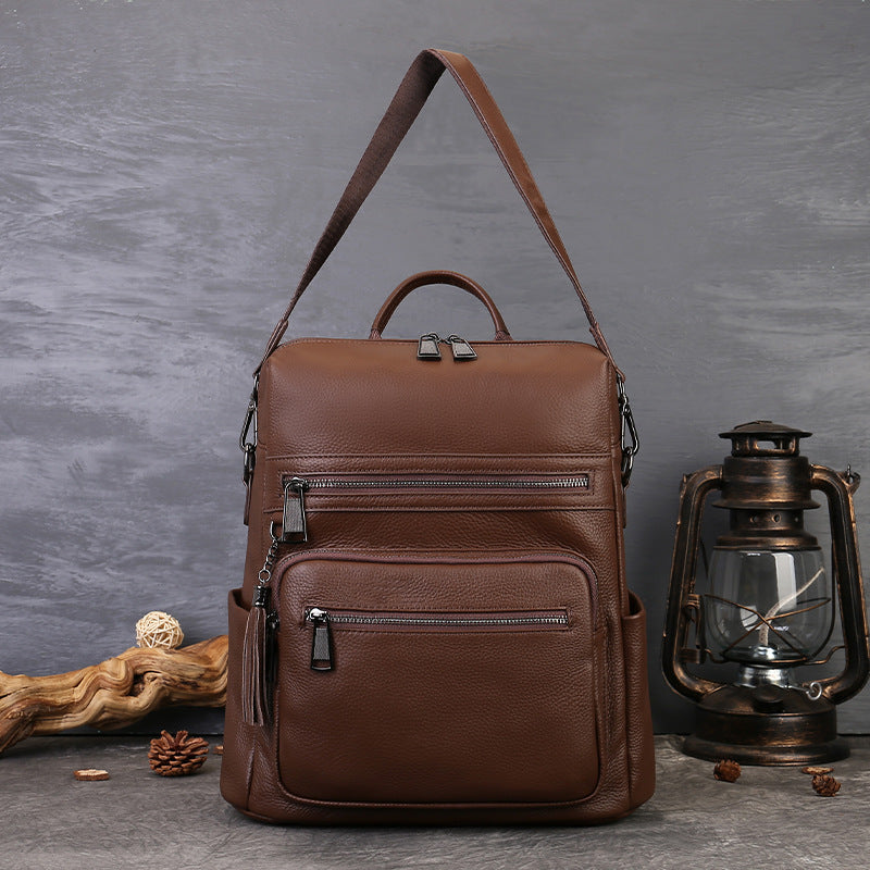 Unisex Vegetable Tanned Leather Laptop Backpack gray detail view