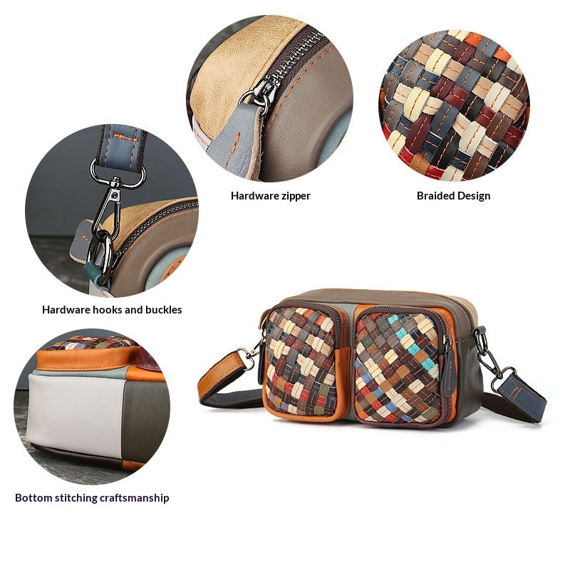 Woven Vegetable Tanned Leather Shoulder Bag gray side view