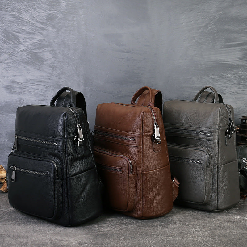 Unisex Vegetable Tanned Leather Laptop Backpack gray side view