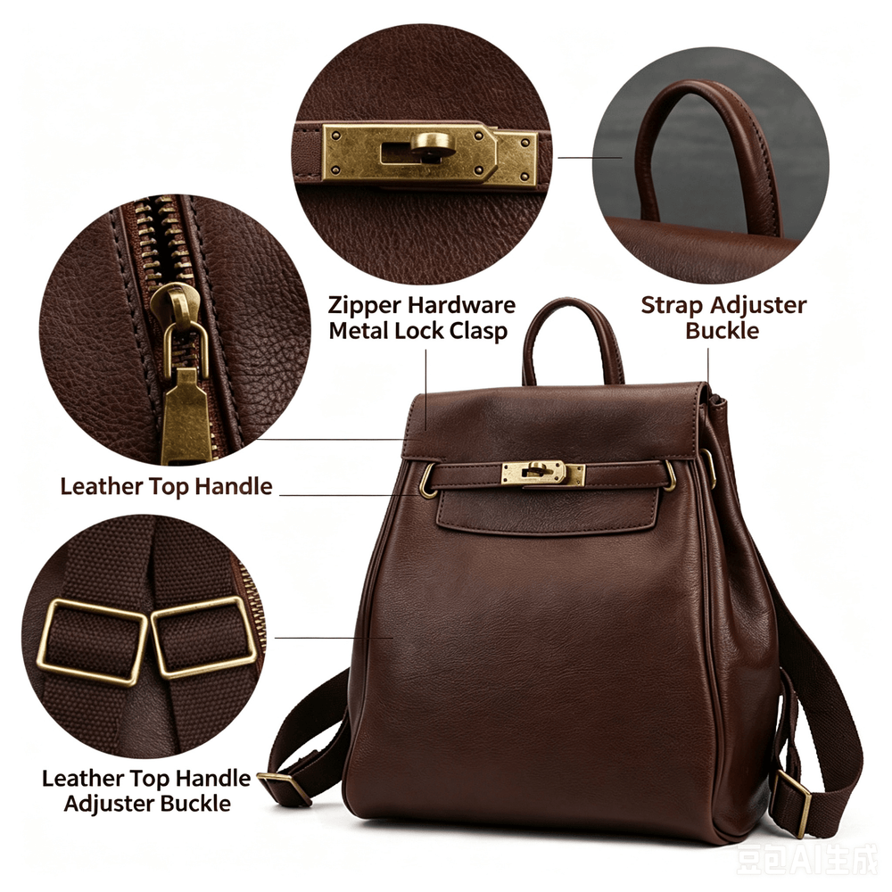 Casual Vegetable Tanned Leather Backpack brown angled view
