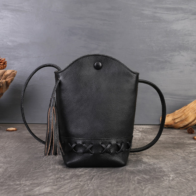 Woven Vegetable Tanned Leather Crossbody Bag gray profile view