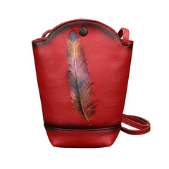 Bucket Vegetable Tanned Leather Crossbody Bag red front view