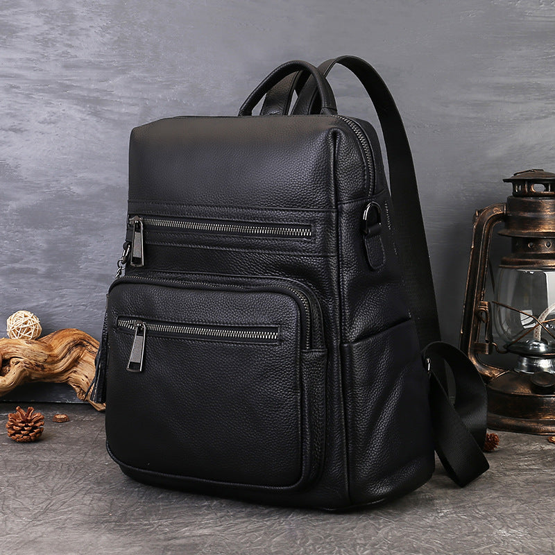 Unisex Vegetable Tanned Leather Laptop Backpack green strap view