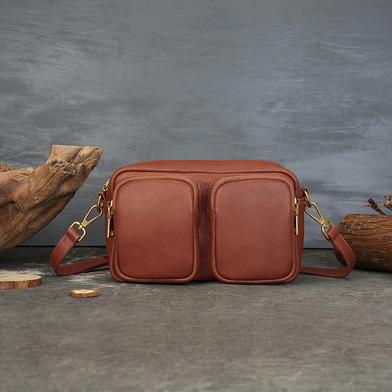 Single Vegetable Tanned Leather Crossbody Bag gray strap view