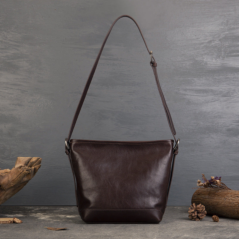 Casual Vegetable Tanned Leather Bucket Bag gray lifestyle view