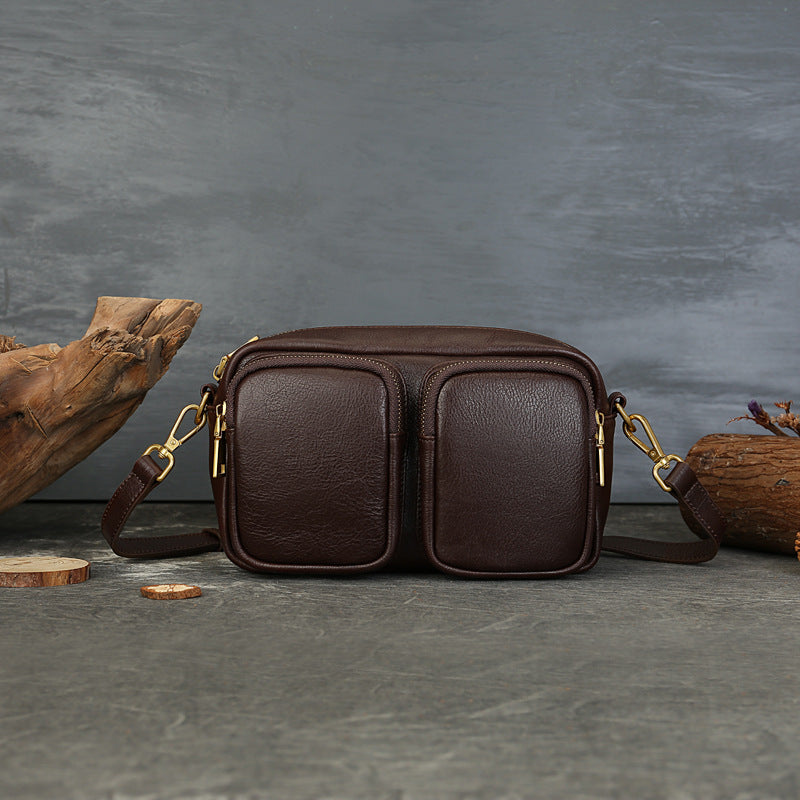 Single Vegetable Tanned Leather Crossbody Bag gray lifestyle view